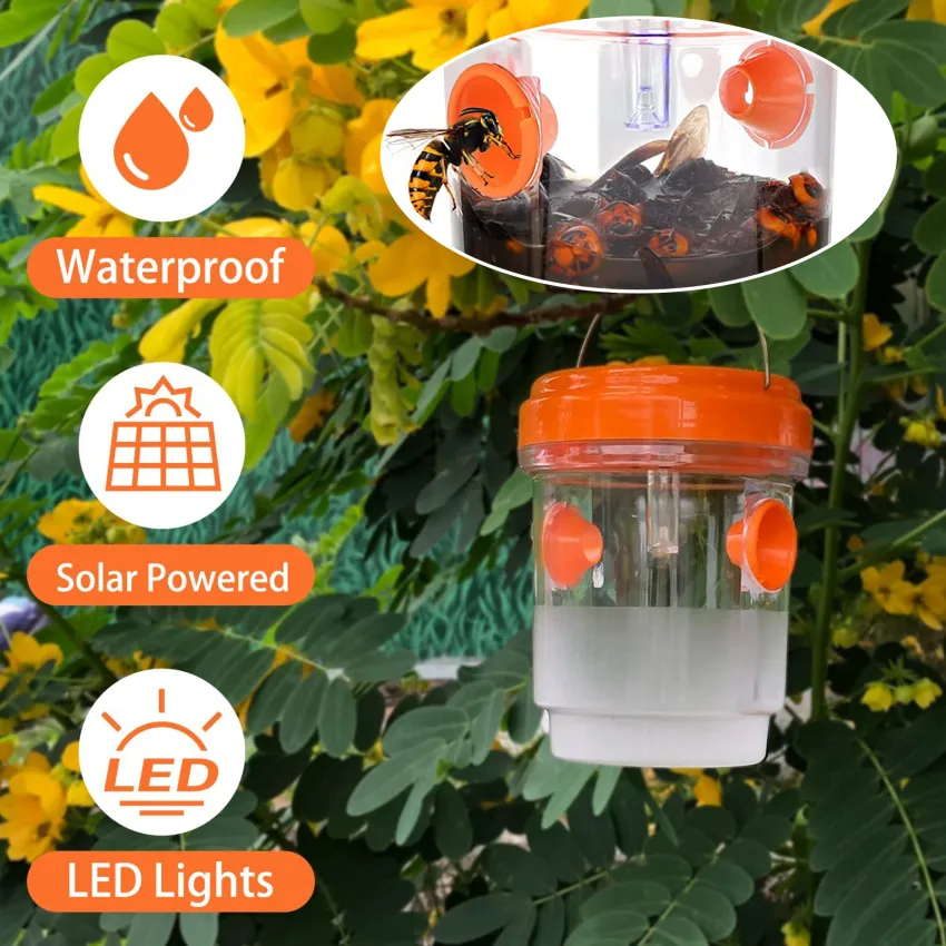Solar Powered Wasp Trap Catcher – Outdoor UV Light Trap For Hornets, Bees, Wasps – Orange Weather Resistant