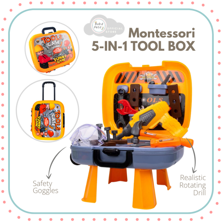 37 Pc Montessori Kiddie Tool Box Workbench Mini Tools Case Table Trolley  Toddler Tool Set Suitcase for Age 2-4 Kids Realistic Learning Drill Playset 