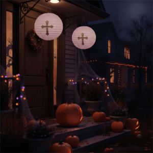 YOUYO Round Halloween Cross Paper Lantern with Hook Folding Halloween Hanging Paper Lantern Creative DIY Paper Ball Lampion Scene Prop
