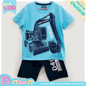 Baju Anak Laki Laki / Kaos Anak Setelan Lengan Pendek Motif Digger Machine Blue 1 - 10 Tahun