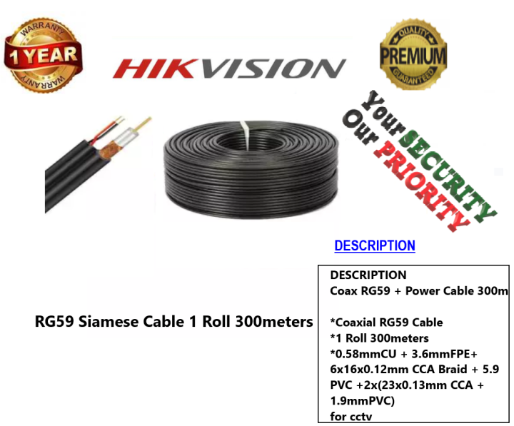 RG59 Siamese Cable 1 Roll 300meters For CCTV Industrial Commercial 