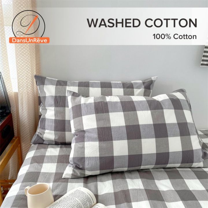 Washed Cotton Pillow case 2pcs Plaid Striped Pattern Pillowcase Pure