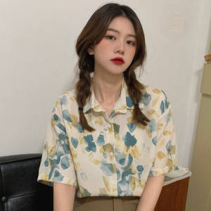 IELGY ins chiffon short-sleeved floral shirt womens summer thin loose top