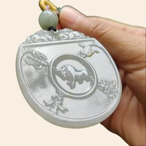 Crafted on Natural Light Green and Yellow Type-A Jadeite-Jade as Traditional Pendant with Pair of Pixiu Bull and Chinese Word meaning auspicious certificate weighs 32.14 grams measurement 54.5 * 47.5 * 5.5 mm (pendant301)