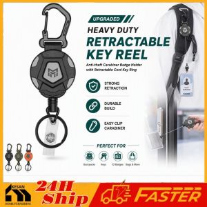 Retractable Keychain Badge Reel Heavy Duty Anti Theft Carabiner Key Ring Steel Cord Holder