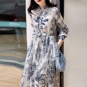 Dress French Blue And White Porcelain For Women Retro dress lengan panjang M654
