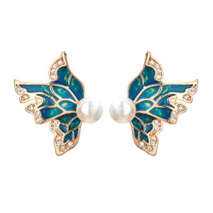 Sequito Phụ Nữ Hợp Thời Trang trang trí tai mạ vàng Trắng đá pha lê bướm lớn bông tai ngọc trai Bông Tai Cá Tính Hàng Ngày trang SỨC TIỆC Se941