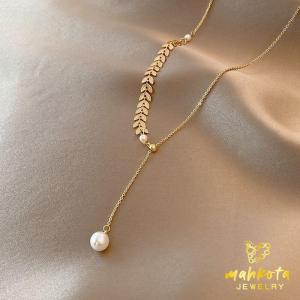 K82 Kalung Rantai KlavikulaTitanium Dengan Liontin bentuk Gandum Asimetris Aksen mutiara