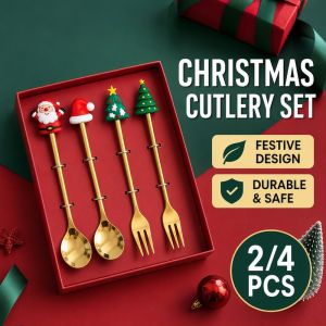Christmas Spoon Fork Set Santa Snowman Coffee Tea Dessert Flatware Stainless Steel Gift Box Kids Tableware