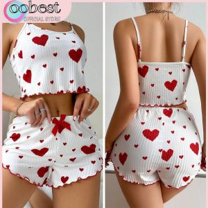 oobest ชุดนอนยืดหยุ่นใหม่ 2ชิ้นกางเกงขาสั้น Camisole ขอบลูกไม้ผ้าฝ้ายเทียมขนแกะลายหลุมเสื้อใส่อยู่บ้านกางเกงขาสั้น Camisole หวานผู้หญิงชุดนอน2ชิ้น