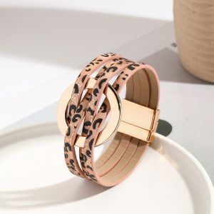 MUMU Có thể điều chỉnh Vòng tay da họa tiết da báo Bohemian Quấn rộng Vòng tay hình chữ thập tròn Vòng tay Khóa từ tính Vòng tay nhiều lớp dành cho phụ nữ