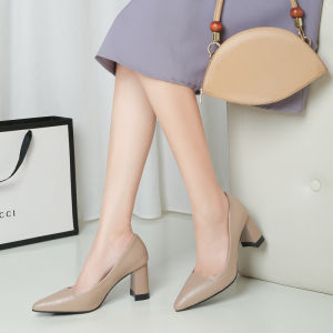 ใหม่ รองเท้าส้นสูง หัวแหลม ลำลอง ส้นหนา สูง 7 ซม. รองเท้าทำงาน. สวมใส่สบาย