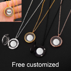 Personalized Round Locket Pendant Necklace 30mm Glossy Clear Glass Living Memory Floating Charms Stone Storage