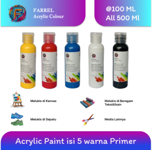 Cat Akrilik / Lukis / Kanvas / Mural Paket 5 warna Primer isi 100 ML per botol Farrel Acrylic Colour