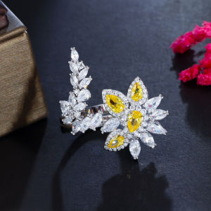 SEQUITO Gorgeous Silver Plated Paved White Yellow AAA Cubic Zirconia Luxury Flower Leaf Adjustable Open Ring Dazzling Bridal Wedding Band Jewelry for Women SR058