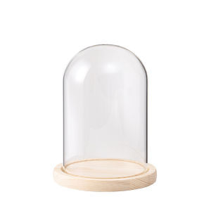 9*15cm Glass Dome Flower Dome Bunga Dekorasi Desktop Vas Kaca Bening + Alas Kayu