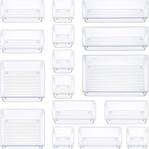 16/25 PCS Drawer Organizer Set 5 Varied Size Bathroom and kitchen Drawer cabinet organizer Trays Clear Storage Bins for Makeup Jewelry Utensils and Gadgets