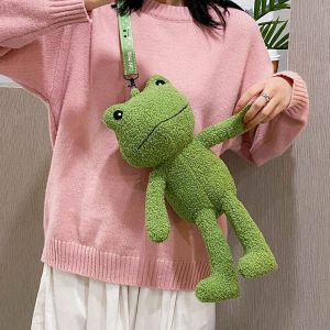 MOCCASINA Student Soft Funny Green Frog Cute Shoulder Bag Plush Doll Frog Messenger Bag Shopper Bag