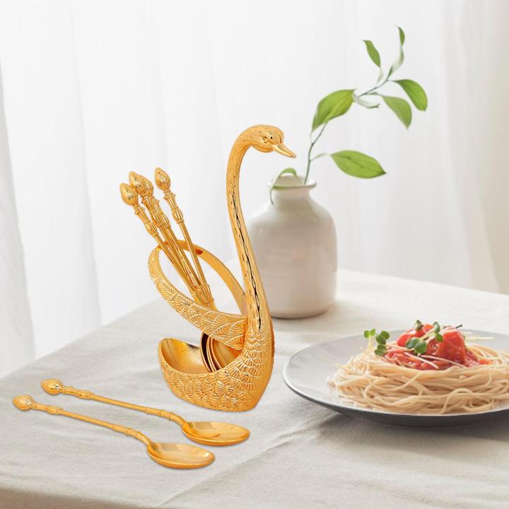 Dessert Spoons Gold Swan Base Holder,Table Decorative Swan Organizer Holder 6pcs Coffee Spoon Set Elegant Spoons Premium Zinc Alloy Gold Table Spoons