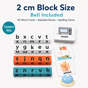 Yowxii English Spelling Game for Kids 40 Word Cards Alphabet Letter Blocks with Bell Preschool Vocabulary Word Building Educational Learning Toy for Home & Classroom
