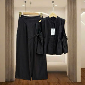 L_ Set babydoll set công sở set Linen áo nút bọc cộc tay thắt nơ 2 bên hông mix quần dài lưng thun