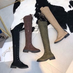 SHUNAICHI Factory direct sales 2023 cross-border foreign trade large size European and American leisure round head square heel low heel knee boots lace-up suede