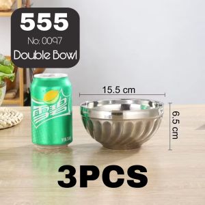 3-PCS STAINLESS STEEL BOWL DOUBLE LAYERED BOWL / RESTAURANT DINNING BOWL / ANTI-HEAT THICK BOWL TONY