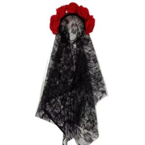 【COD&Fast Delivery】Black Lace Veil Flower Headband Simulation Flowers Gothic Floral Crown Festive Mesh Material Cosplay Headpiece Halloween Party