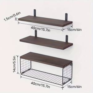 Bathroom Organizer - Wooden Floating Shelves with Hanging Basket | Wall-Mounted Storage Rack