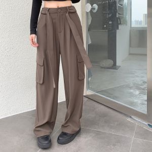 Wanita Celana Panjang Pinggang Tinggi Polos Longgar Besar Saku Bekerja Celana(+Sabuk)