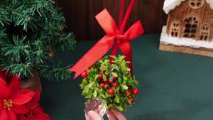 2 Pieces Christmas Mistletoe Hanging Balls Holiday Artificial Mistletoe Balls Xmas Kissing Ball Decorations with Bow Knots and Bells for Home Christmas Party Decor 5 Inch (Red ClearDiamond)