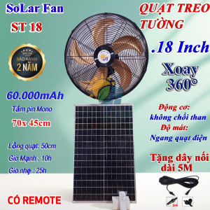 Quạt sạc tích điện năng lượng mặt trời treo tường 18 inch solar fan 60000mAh độ mát tương đương quạt điện 220v động cơ không chổi than sạc được cả khi trời mưa
