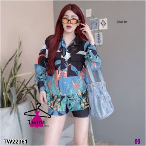Set 2 ชิ้น #มะพร้าว เสื้อเชิ้ตคอปก แขนพองยาว + กางเกงขาสั้น TT22361