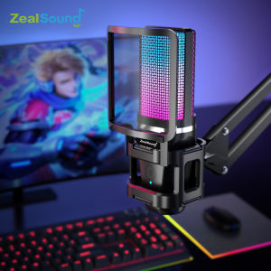 ZealSound USB Gaming Microphone Noise Cancelling Condenser Microphone RGB Microphone with Audio Gain Monitoring Mute Boom Arm Pop Filter