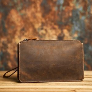 NASVA Mens Genuine Leather Clutch Bag With Wristlet Retro Envelope Bag TopLayer Cowhide Handbag Purse Fashion Clutch Bag2026