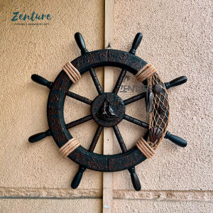 [HANGING DECOR] Zenture 46cm Wooden Boat Ship Steering Wheel Mediterranean Style Wall Decoration Home Ocean Decor
