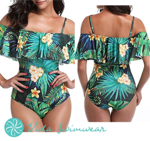 Vida Off Shoulder One Piece Swimsuit Tropical Swimwear Floral Tropical Leaf Ruffle Swimsuit Cute Simple One Piece Bikini Korean Swimwear One Piece Bathing Suit Women Swimwear Summer Outfit