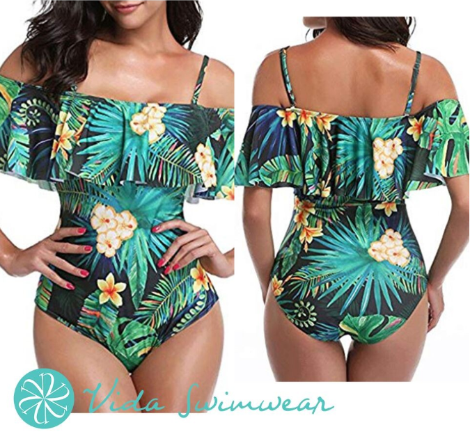 Vida Off Shoulder One Piece Swimsuit Tropical Swimwear Floral Tropical Leaf Ruffle Swimsuit Cute Simple One Piece Bikini Korean Swimwear One Piece Bathing Suit Women Swimwear Summer Outfit Lazada PH