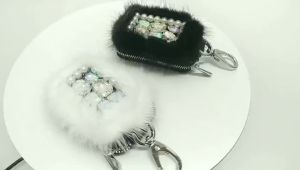 Kaly Korean Style Lovely Crystal Leather Car Key CaseWhite Furry Auto Key Bag Chain Ring Holder Great Gift for Girlfriend Wife 2Z6B7