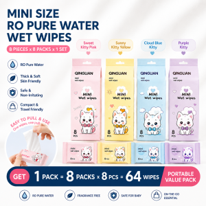 (8pack x 8sheets)Pocket Mini Wet Wipes wet tissue Non Alcohol Mini Wet Wipes Baby Kids Care RO Water