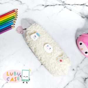 Tempat Pensil Bulu Domba Lucu dengan Pin dan Keyring Karakter Aesthetic