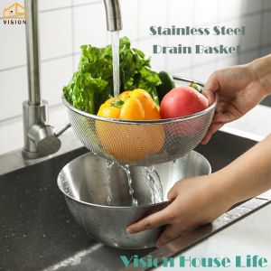 Vision Stainless Steel Vegetable Washing Basin Drainage Basket Kitchen Leakage Basket Household Rice Washing Basket Fruit Washing Set Double Layer Multi-Functional Drain Basket Basin
