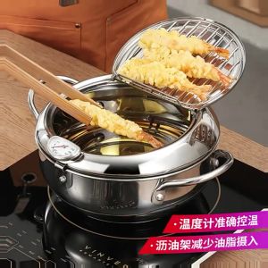 304 Stainless Steel Japanese Tempura Deep Fryer Frying Pot with Thermometer Oil Drainer also for Fries Fried Chicken