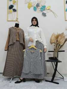 Setelan Rok Panjang dengan Rompi Motif Garis Warna Navy/Cinnamon Plus Size L-XL-XXL-3L-4L