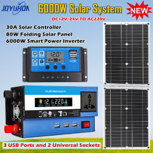 JOYUHON Solar Panel Systemr Set 6000W inverter DC12V TO AC220V Power Converter 80W Solar Panel 30A solar charging controller for home car outdoor camping night markets
