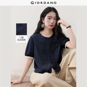 Giordano Women 【Online Exclusive】Embroidered faux denim color-blocked lace round neck short-sleeved shirt Free Shipping 18346212