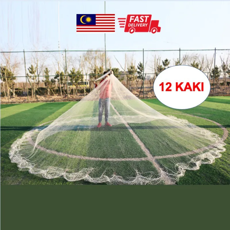 12ft Hand Cast Fishing Net with Flying Disc and Chain Weights (Jala Ikan  Pancing Udang Benang Tangsi 12 Kaki)