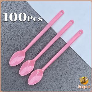 Digeo 100pcs Disposable Plastic Spoon Colored Long Teaspoon for Dessert Milk Tea Sorbet