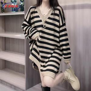 Z-ONER Plus Size Sweater for Women Korean Style Striped Hollow-out Sweater Loose V-neck Knitted Sweater