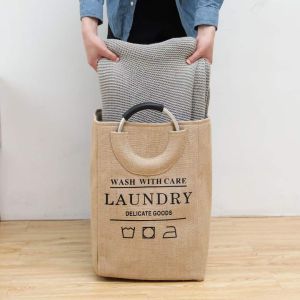 Sturdy Fabric Laundry Basket Jute Foldable Storage Bag With Aluminum Handle Women Shopping Bag Home Clothes Organizer